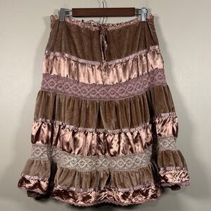 Y2K Rave Velvet LaceTiered Skirt Brown & Copper Color Lined Skirt Women's Sz L